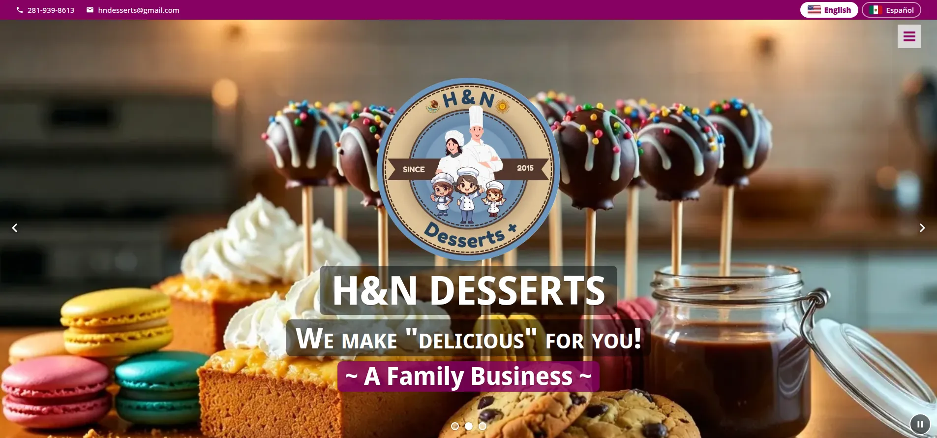 H&N Desserts homepage, with the logo over a table of cake pops, macarons, and cookies.