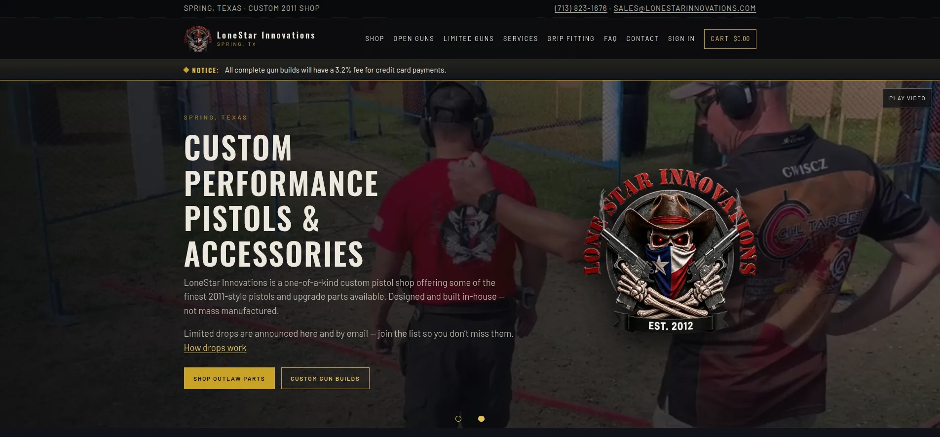 LoneStar Innovations homepage, with the Desperado grip and shop categories.