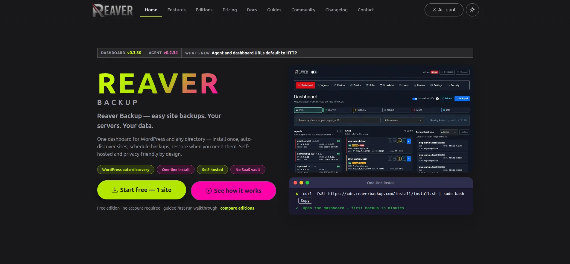 Reaver Backup site, the product page for the website backup software.