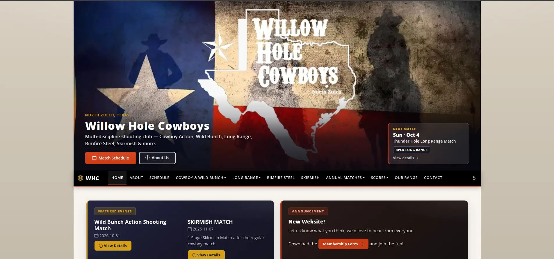 Willow Hole Cowboys homepage, with the club name and match schedule.